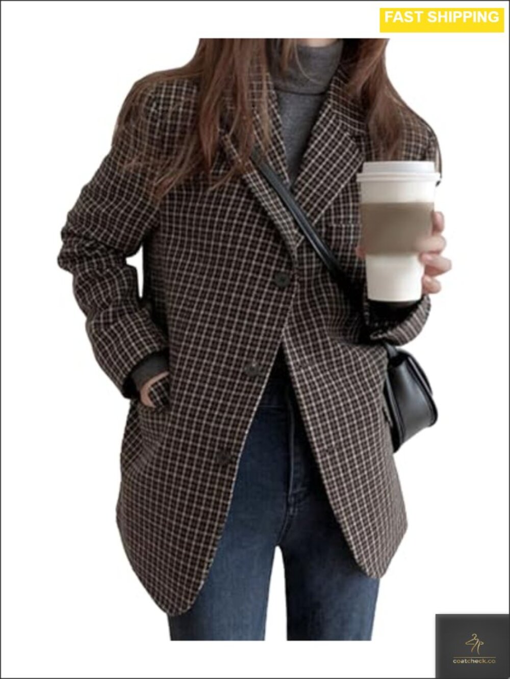 Plaid Blazer Jacket Notched Lapel Single Breasted Houndstooth Blazer